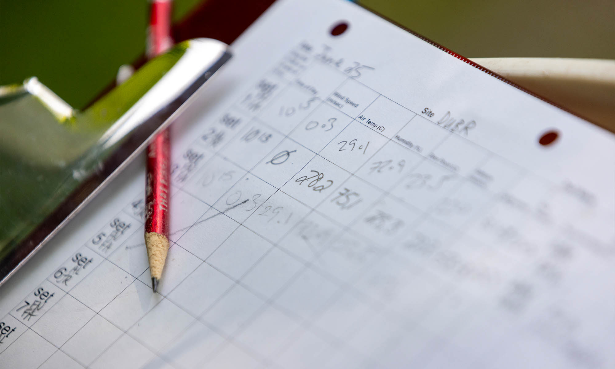 A close up of data sheet on a clip board.