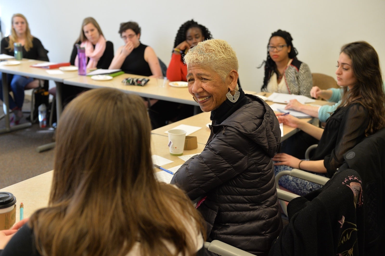 Activist Ericka Huggins in a group discussion