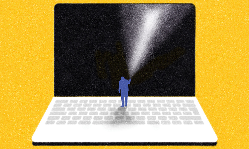 An illustration of a small person standing on a laptop keyboard