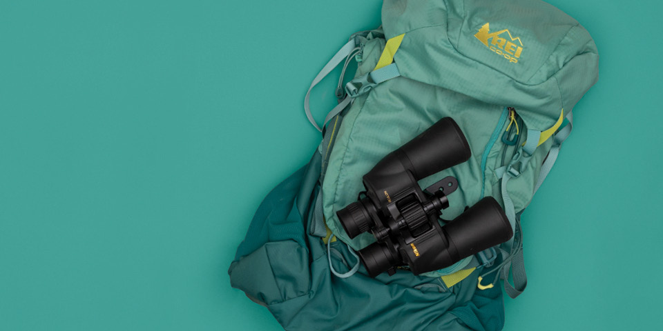 Backpack and binoculars