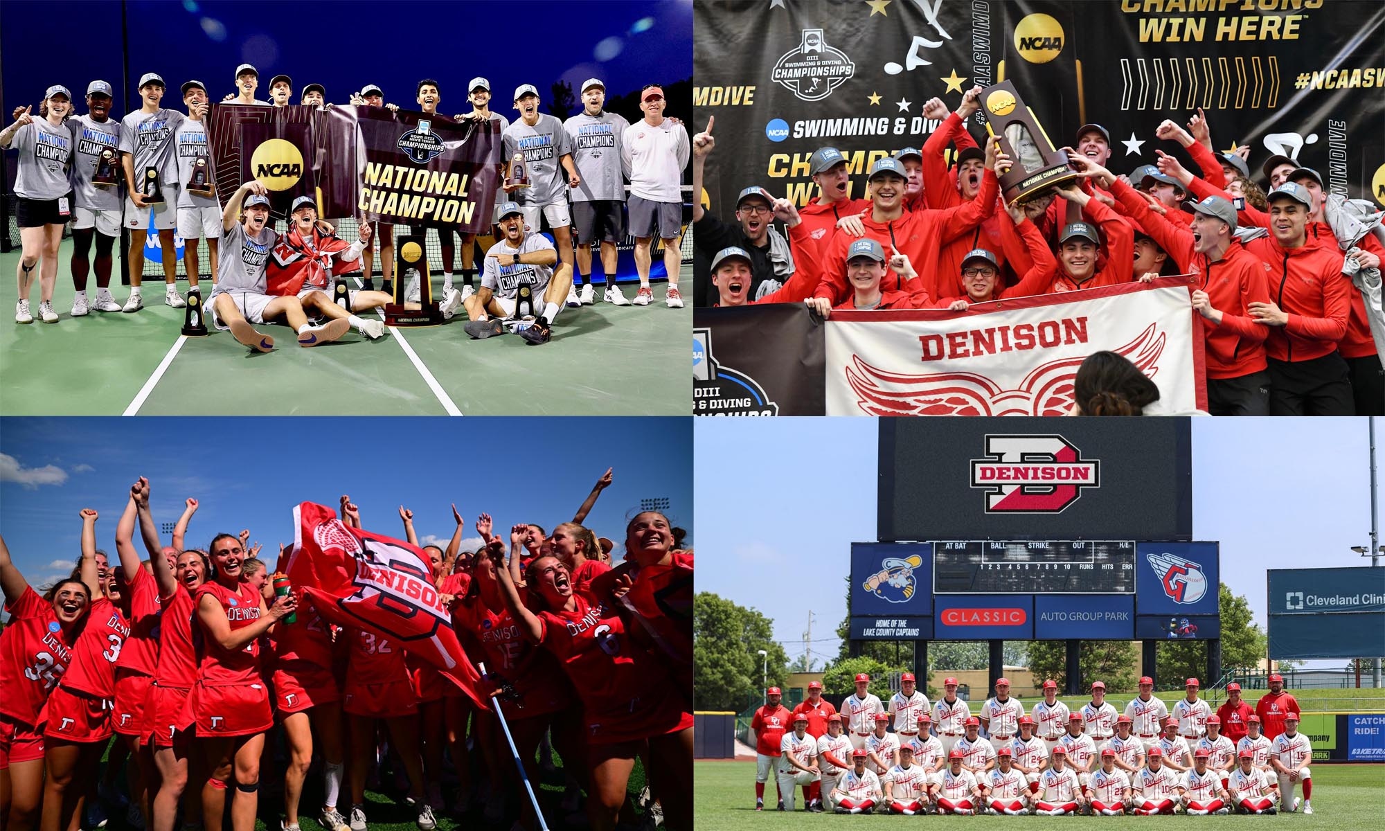 A collage of four photos of the Men's Tennis team with their championship trophy, Men's Swim & Dive team with their national championship trophy, Women's Lacrosse team celebrating their season, and the Men's Baseball team gathered for a team photo.