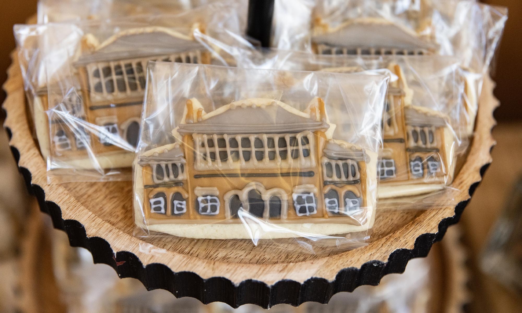 Sugar cookies cut and decorated to look like Doane Hall.