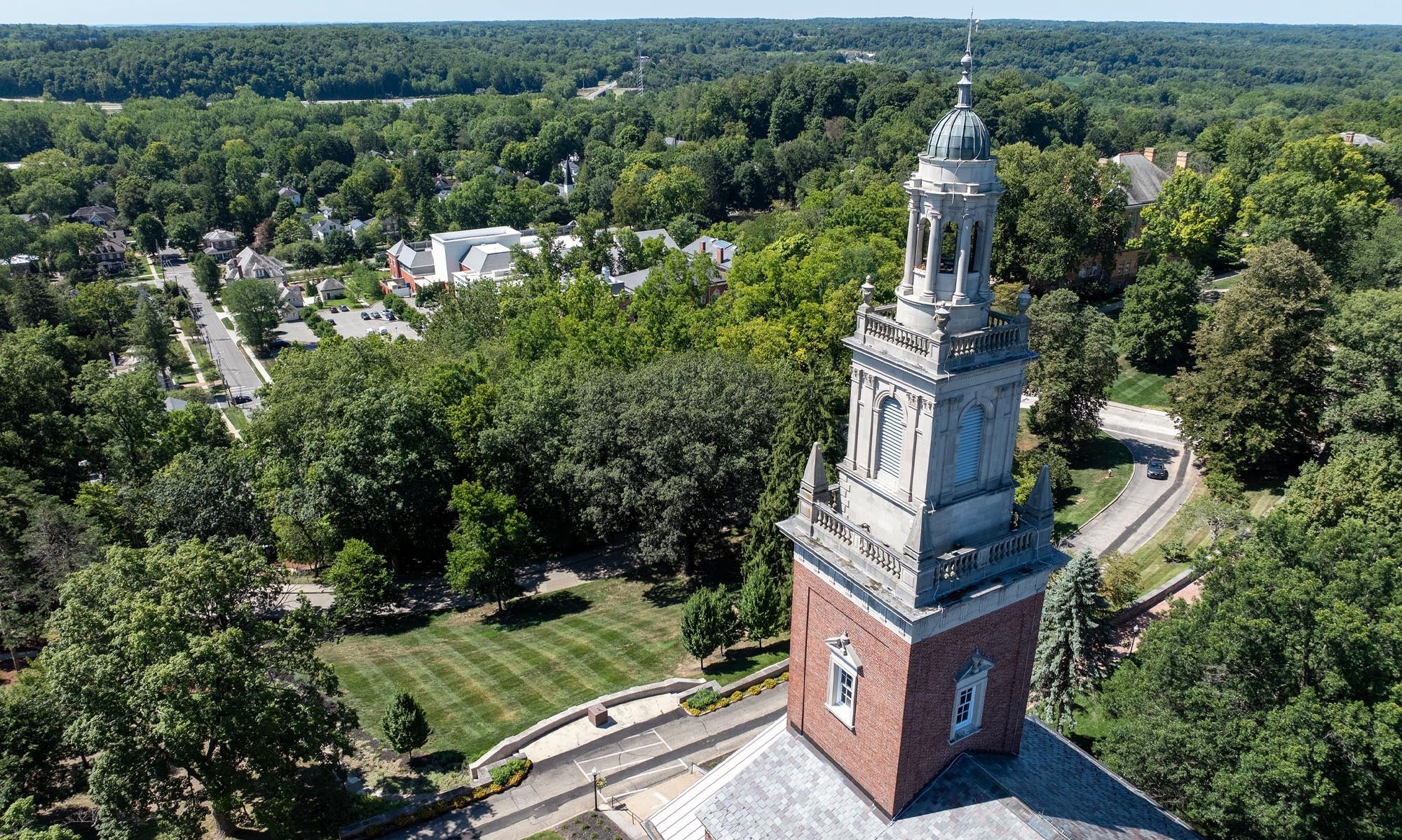 Aerial photo of Swasey Chapel overlooking Granville, Ohio