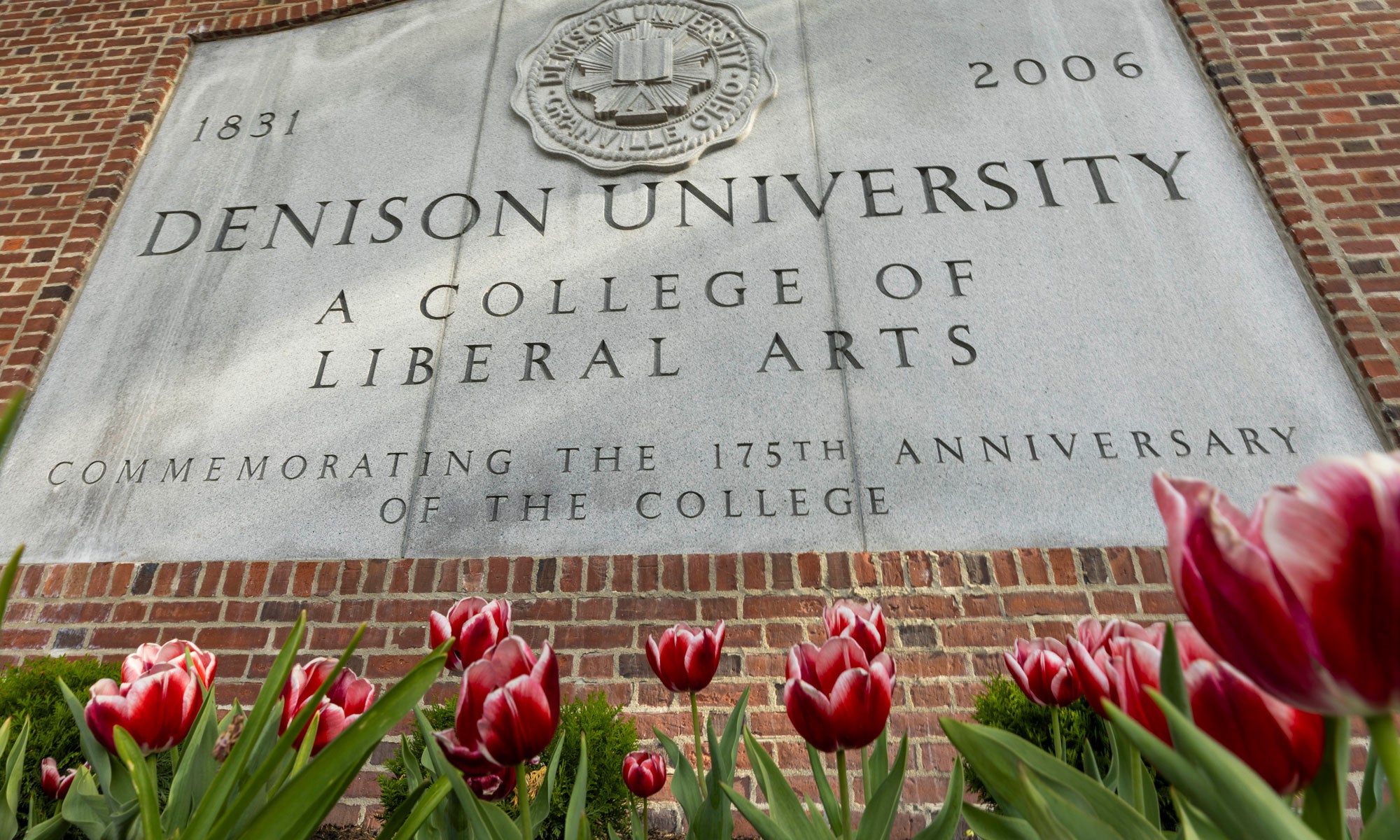 Denison front entrance with tulips