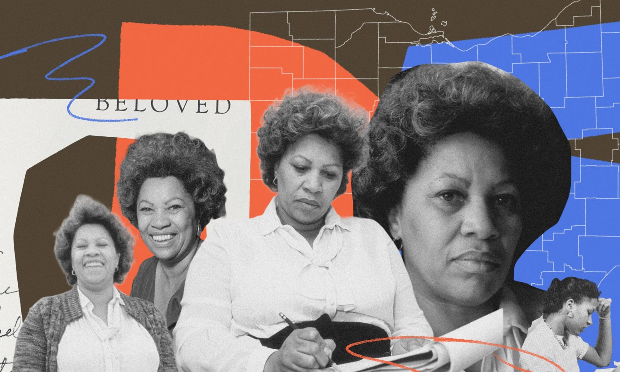 Illustrated graphic featuring black and white images of author Toni Morrison overlapping a map of Ohio and references to her work including Beloved.