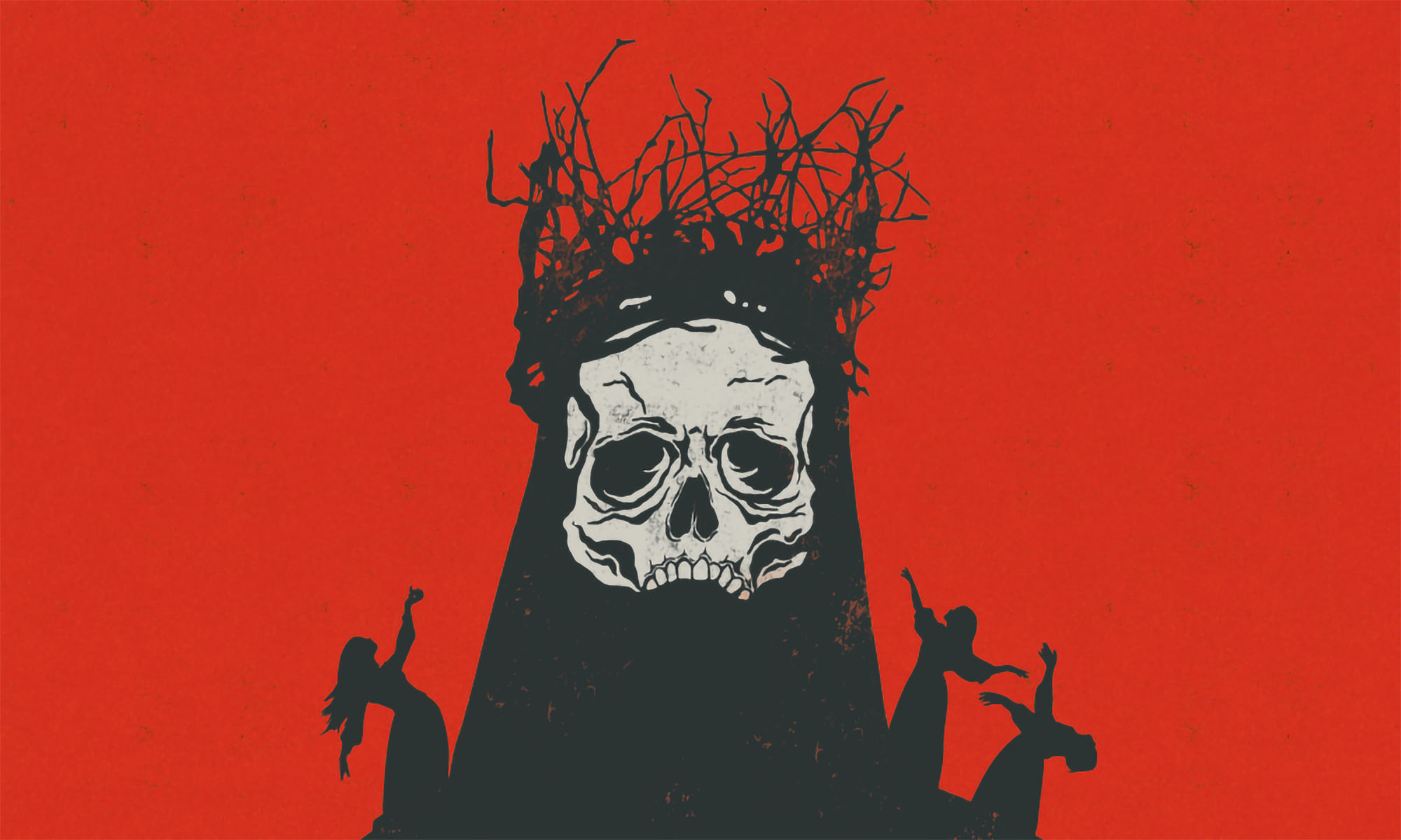 Poster image for Macbeth: Illustration of a skull with a crown of thorns against a red background, flanked by three silhouetted dancing figures.