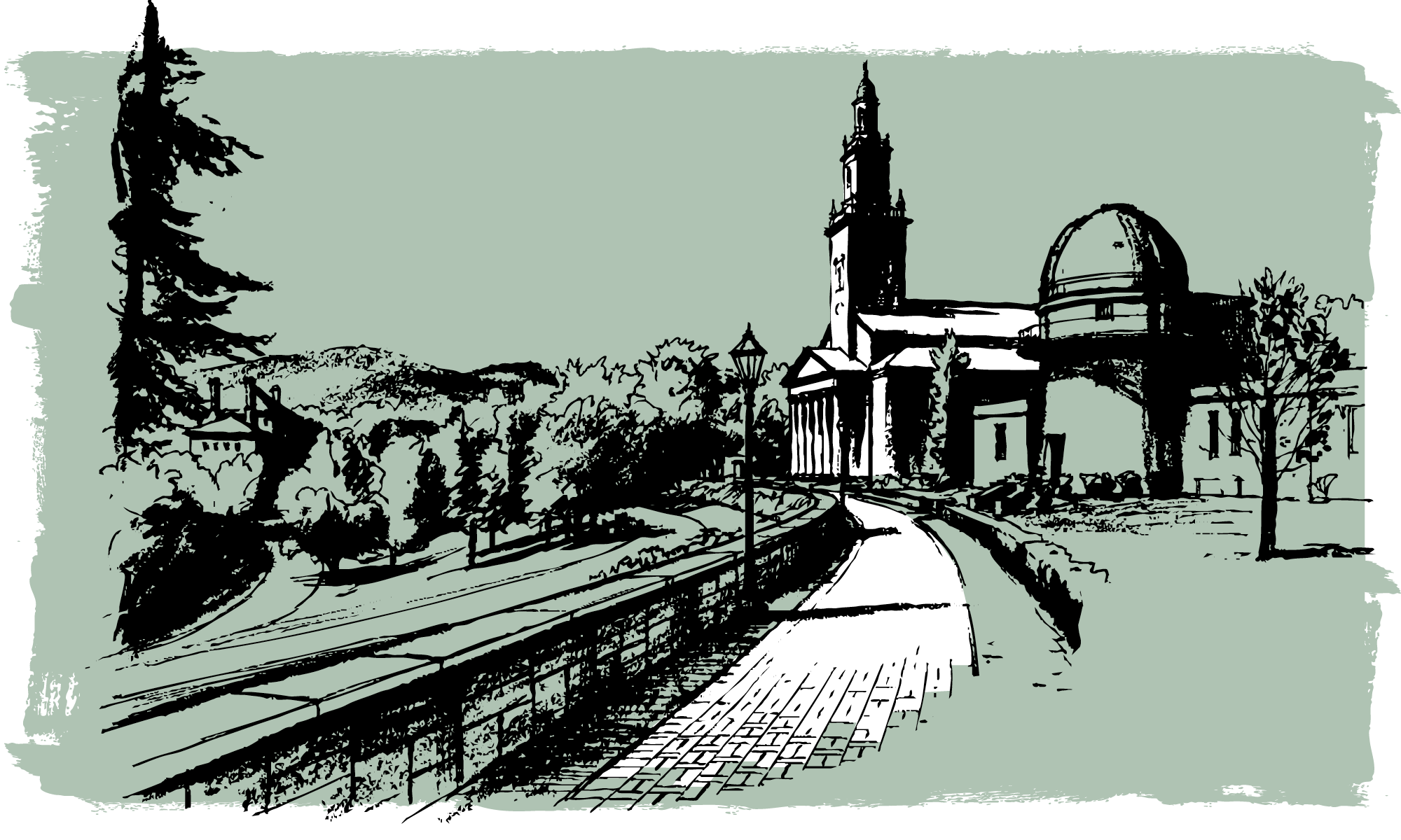 Black and white illustration of a sidewalk leading up to an observatory and a chapel set against a light green background.
