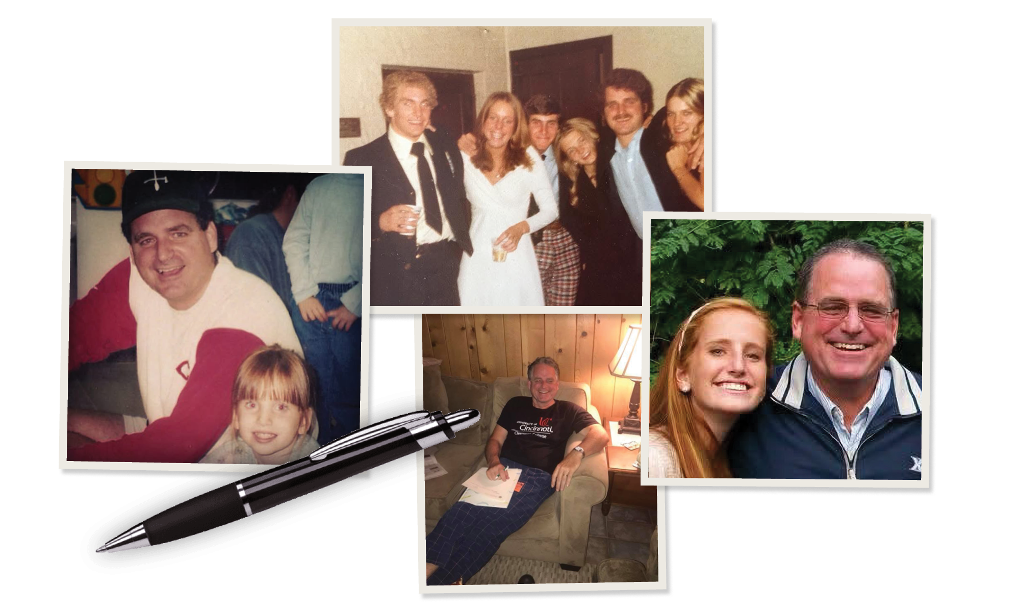 A collage of five photographs showing groups and pairs of people posing and smiling, with one image including a young child. A black pen is placed below the photos on a white background.