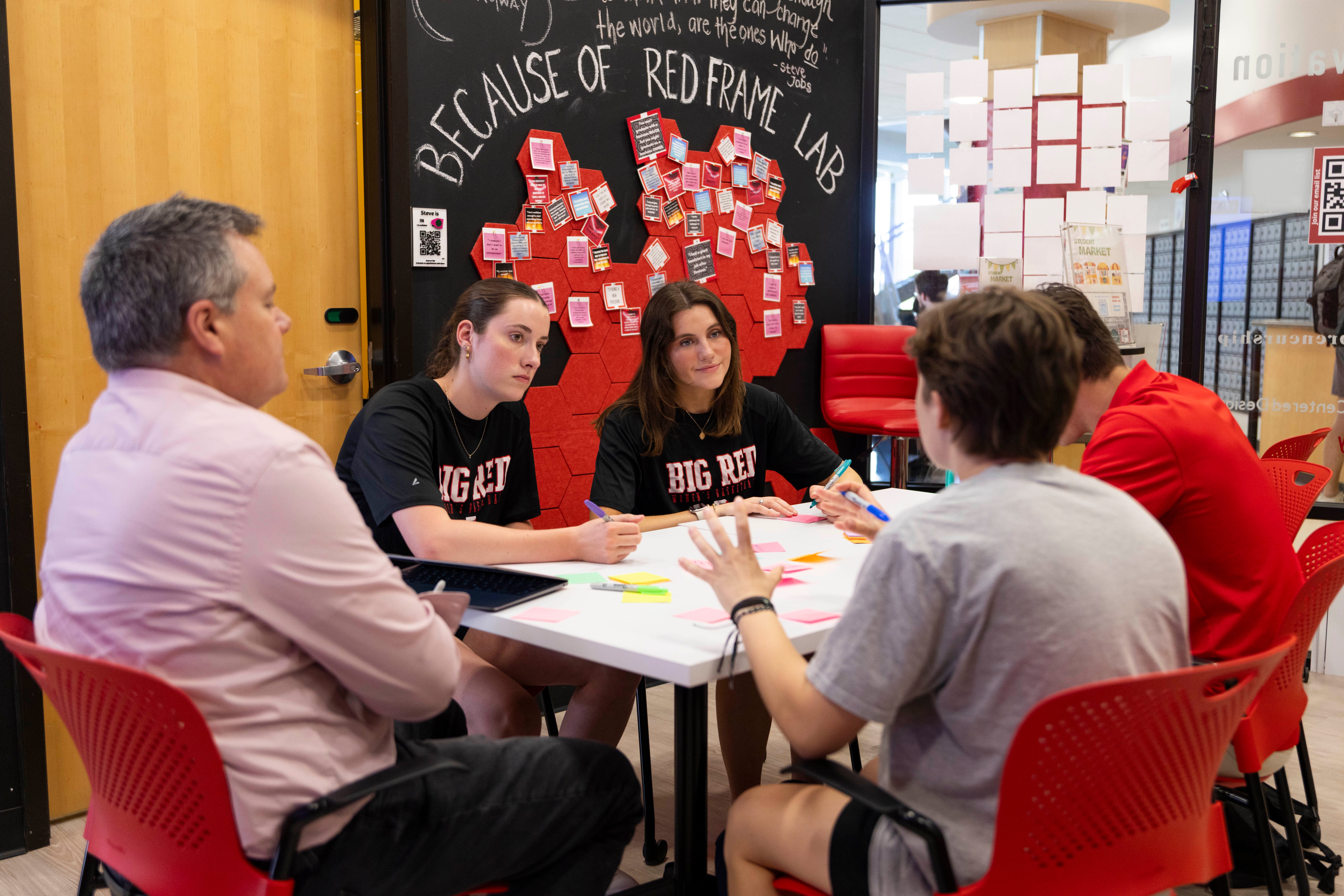Four people sit around a small white table in discussion, with papers and markers on the table, in a classroom with red chairs and a wall.