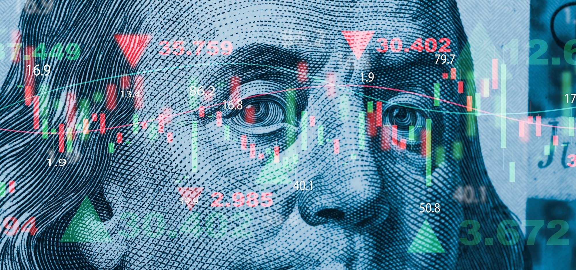 Closeup of a U.S. banknote with chart for currency exchange and global trade overlay