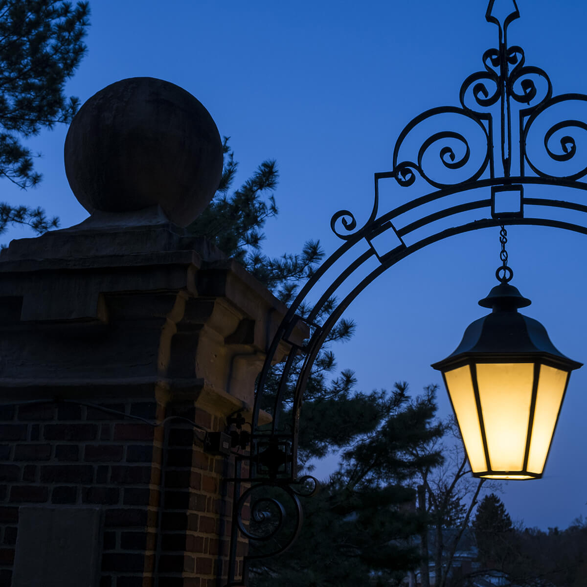 Dusk shot of a light on campus