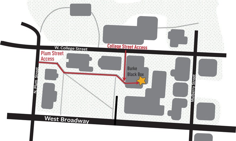 Map of Denison South Quad showing access to The black box theatre from West College Street and North Plum Street.