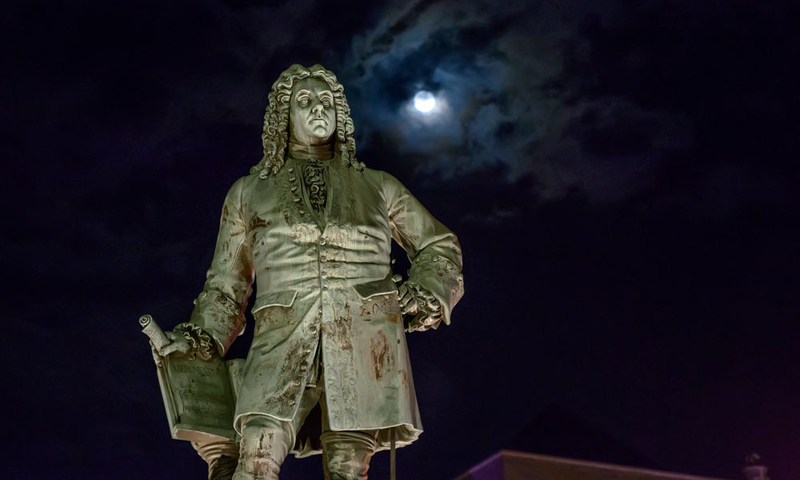 Monument to George Frideric Handel in Halle, Germany at night