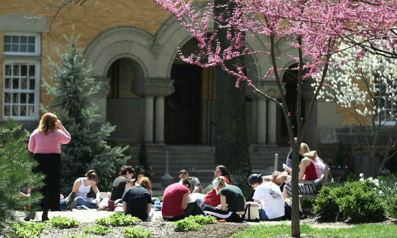 students on campus lawn
