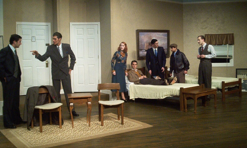 Gregory Wagner chews out Joseph Gribble as Christine Marlow, Gordon Miller, and Faker Englund stand by the doctor as he looks over a "bedridden" Leo Davis.