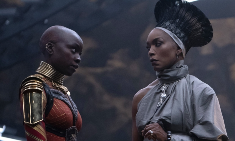 Danai Gurira as Okoye and Angela Bassett as Ramonda in Marvel Studios’ Black Panther: Wakanda Forever. (Eli Adé / Marvel)