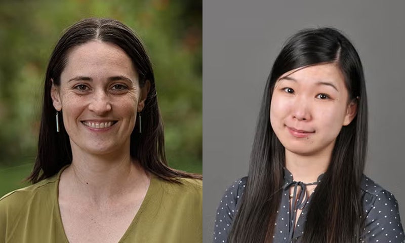 Profile photos of Denison faculty members, Mary Elizabeth Beaton, assistant professor of Spanish, and Zhe Wang, assistant professor of data analytics
