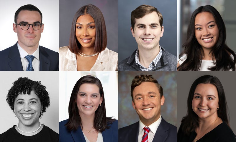 A collage of eight professional headshots, featuring four men and four women, all dressed in business attire and smiling at the camera.
