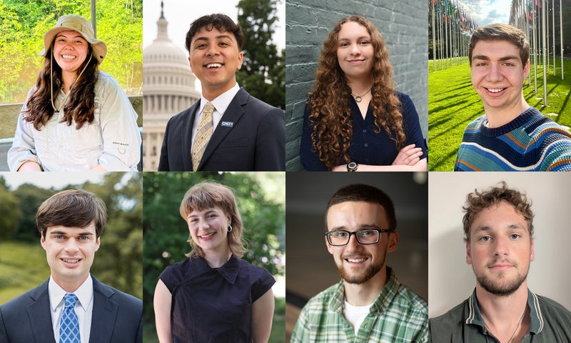 A four by two photo grid featuring eight profile photos of Denison students selected for Fulbright grants.