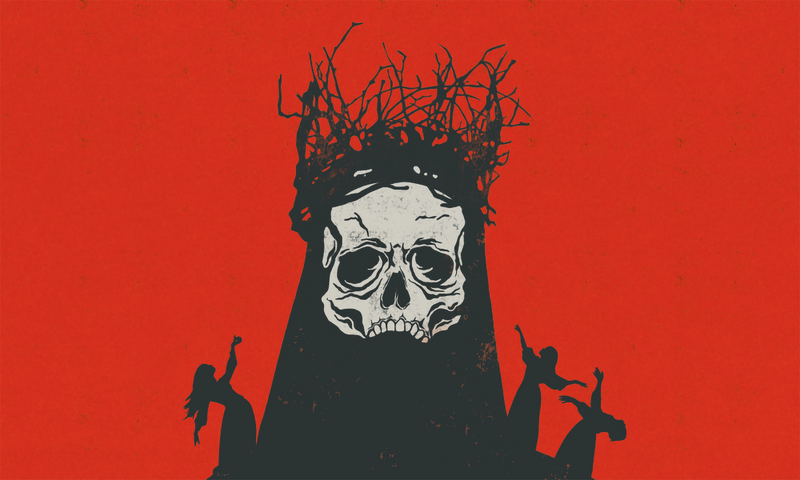 Poster image for Macbeth: Illustration of a skull with a crown of thorns against a red background, flanked by three silhouetted dancing figures.