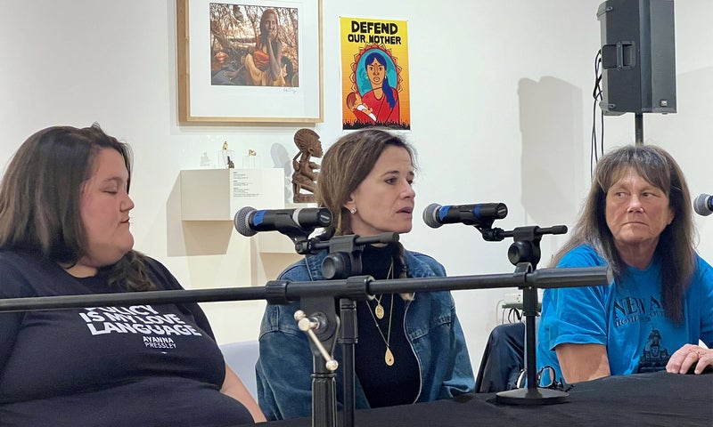 Three panelists sit at a table speaking into microphones.