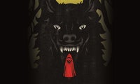 A large wolf showing teeth at a girl in a hood