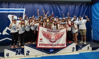 The Denison women's swimming and diving team celebrates its Division III NCAA title in Greensboro, North Carolina.