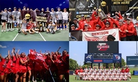 A collage of four photos of the Men's Tennis team with their championship trophy, Men's Swim & Dive team with their national championship trophy, Women's Lacrosse team celebrating their season, and the Men's Baseball team gathered for a team photo.