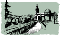 Black and white illustration of a sidewalk leading up to an observatory and a chapel set against a light green background.
