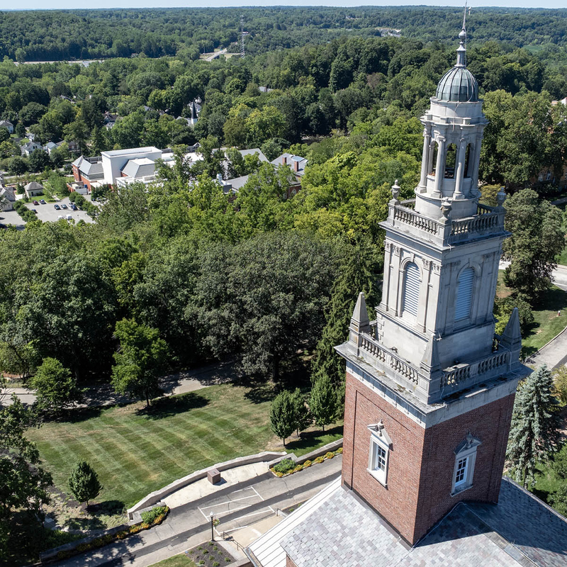 Aerial view of Swasey Chapel overlooking campus and Granville.
