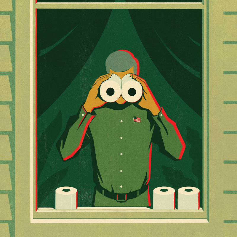 Illustration of a person spying with toilet paper rolls