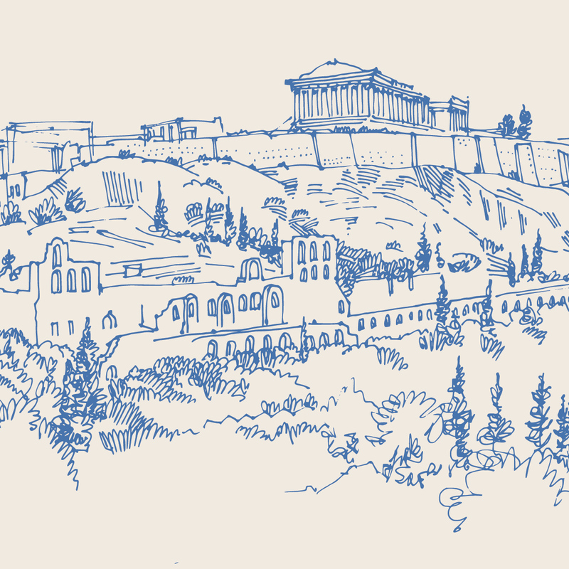 A case for the classics cover image - blue sketch of the Acropolis