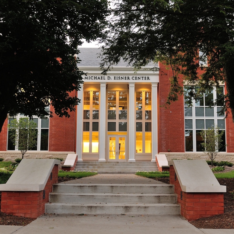 Front exterior shot at dusk of the Michael D. Eisner Center for the Performing Arts