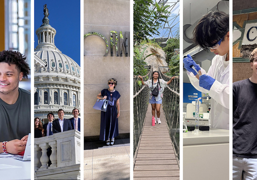 A collage of five students in various settings that reflect the internships they worked over the summer, including the U.S. capitol and a science lab.