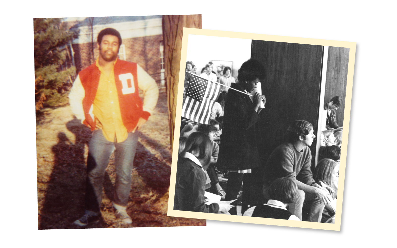 Henry Durand ’70 (top, left), the only Black student on the football team in 1969, was the first chief minister of the BSU. Students bring their concerns to the administration in 1969 (bottom, right).