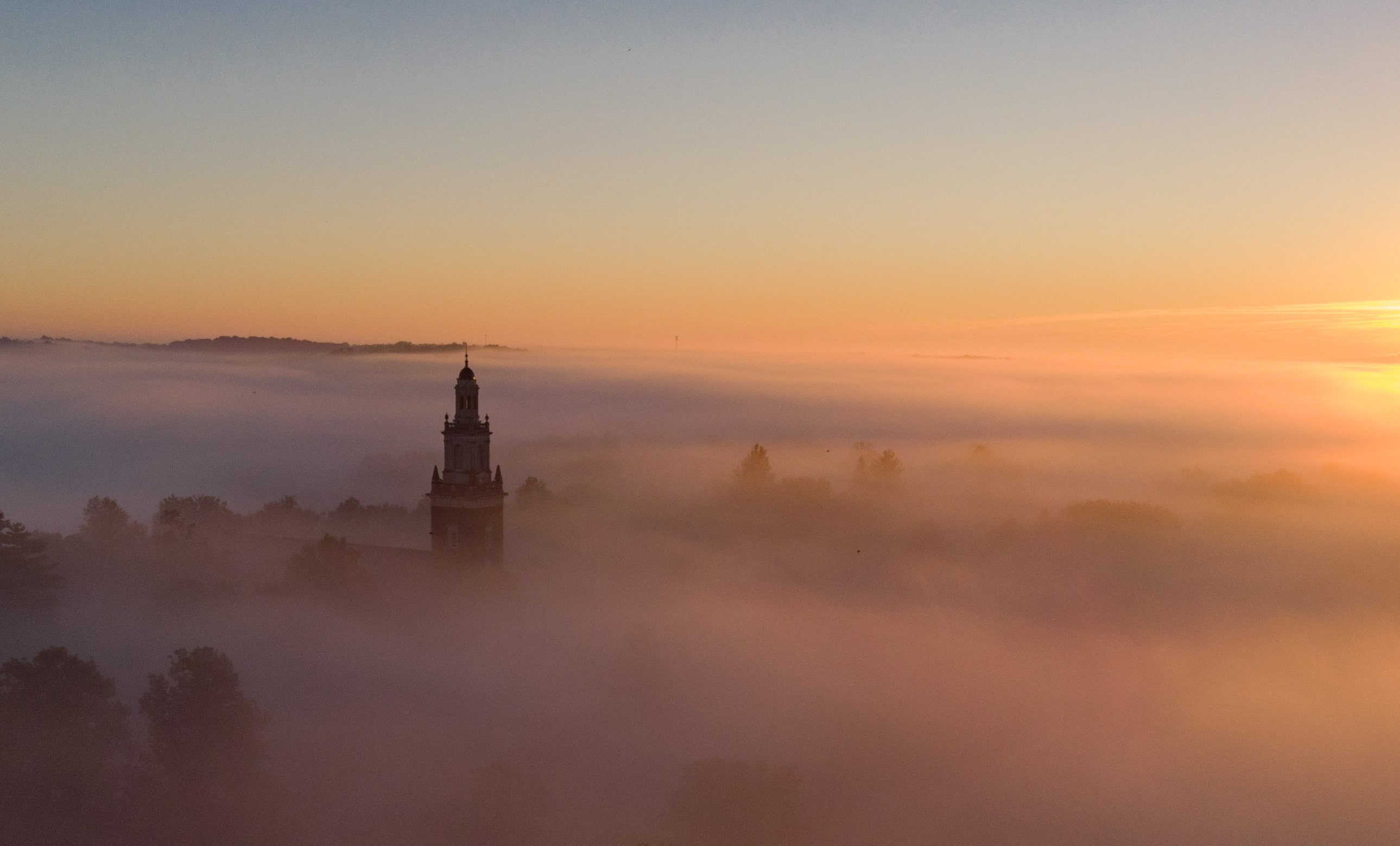 Top of Swasey Chapel on a misty morning