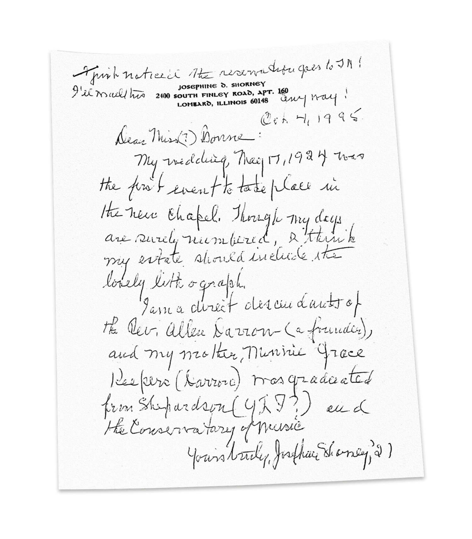In the fall of 1995, 95-year-old Josephine Darrow Shorney 1921 wrote to her beloved alma mater to remind the gatekeepers of history about her special place in it.