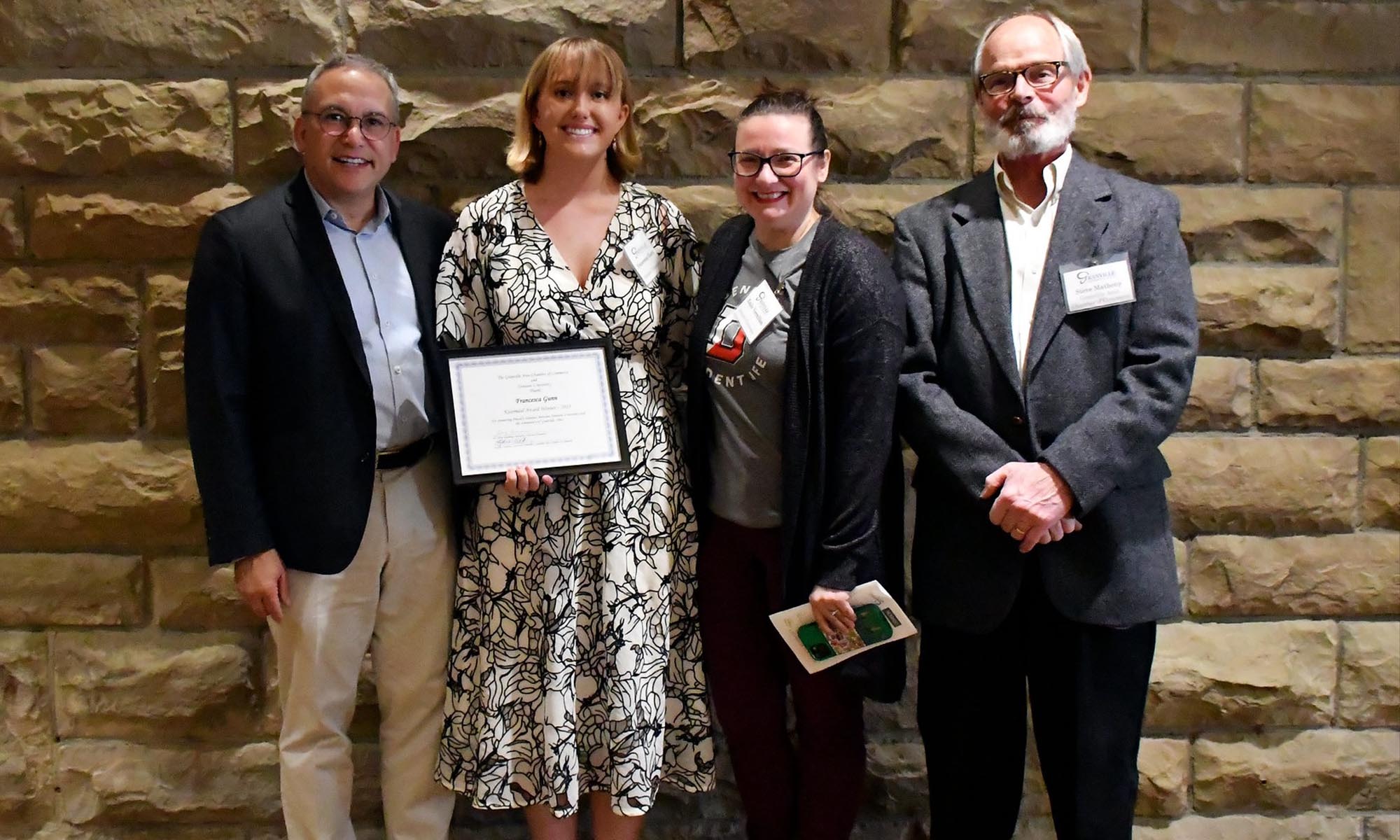 Denison faculty with Kussmaul Award winner Francesca Gunn ’25.