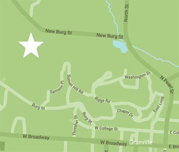 A 2-D map of campus with a star indicating new neighborhood's location on New Burg St. northwest of main campus.