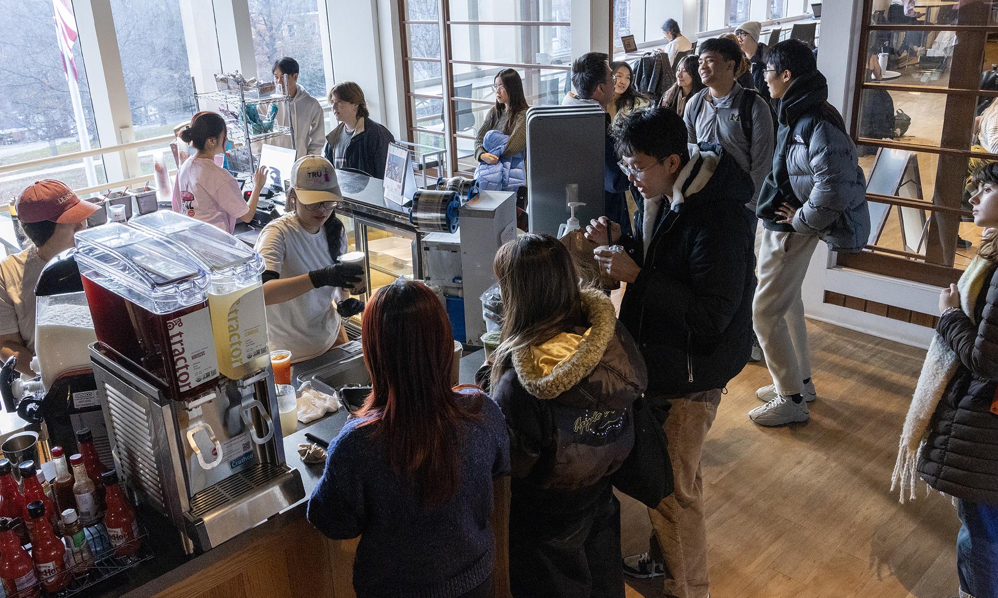 A wide-angle view of Trucha, packed with customers.