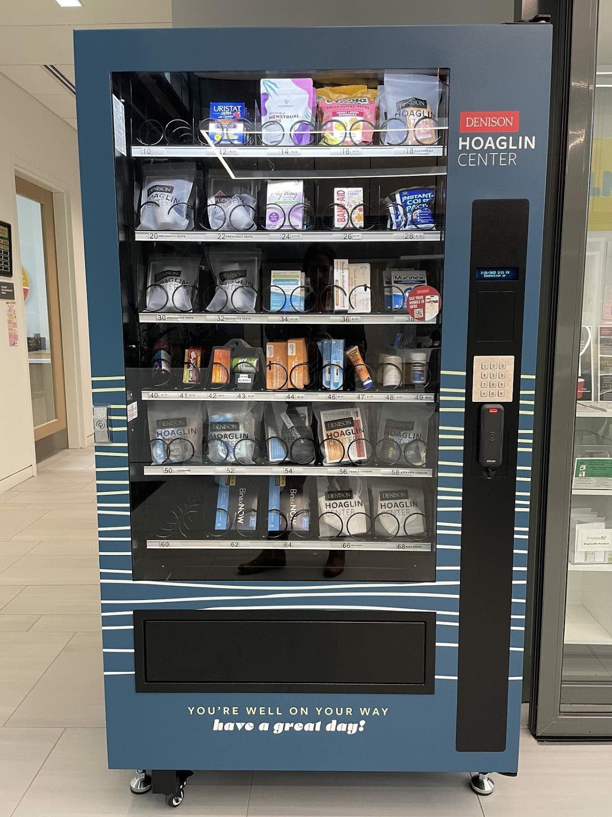 Photo of Wellness-To-Go Vending Machine in Hoaglin Center filled with free and low-cost over-the-counter medications and wellness supplies.